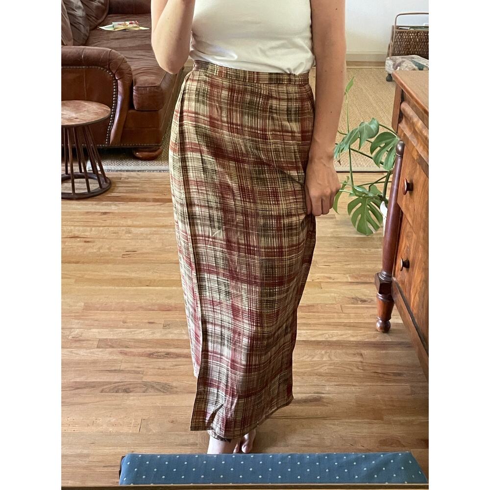 90s Vintage Silk Plaid Wrap Skirt - Picture 2 of 6